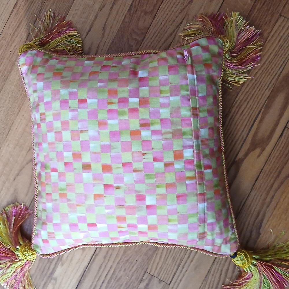 Mackenzie-Childs Parrot Tulip Check Tassled Pillow ■ Retired Vintage Design - Picture 4 of 9